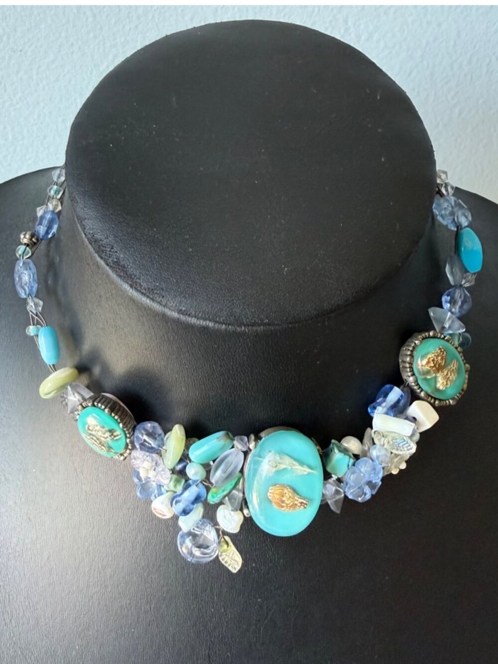 Handcrafted Blue & Turquoise Beaded Necklace Choker Shell Accents reversible